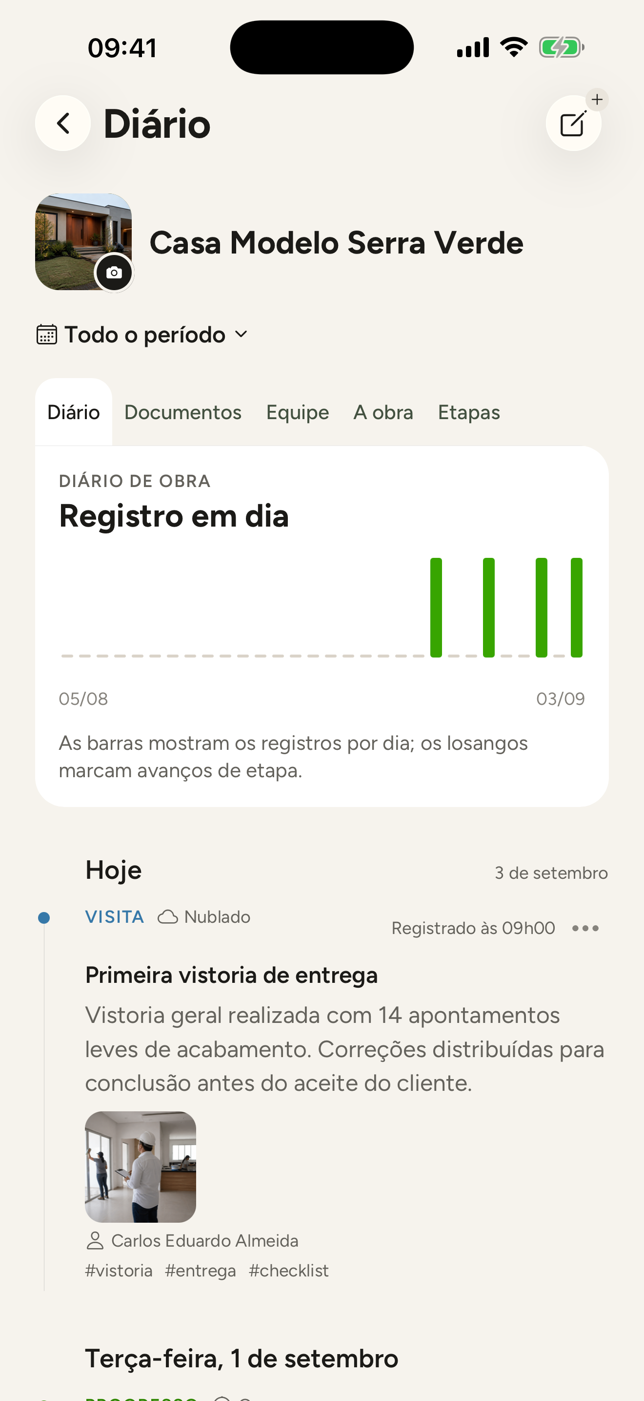 Diário de obra com registro da vistoria de entrega e foto anexada