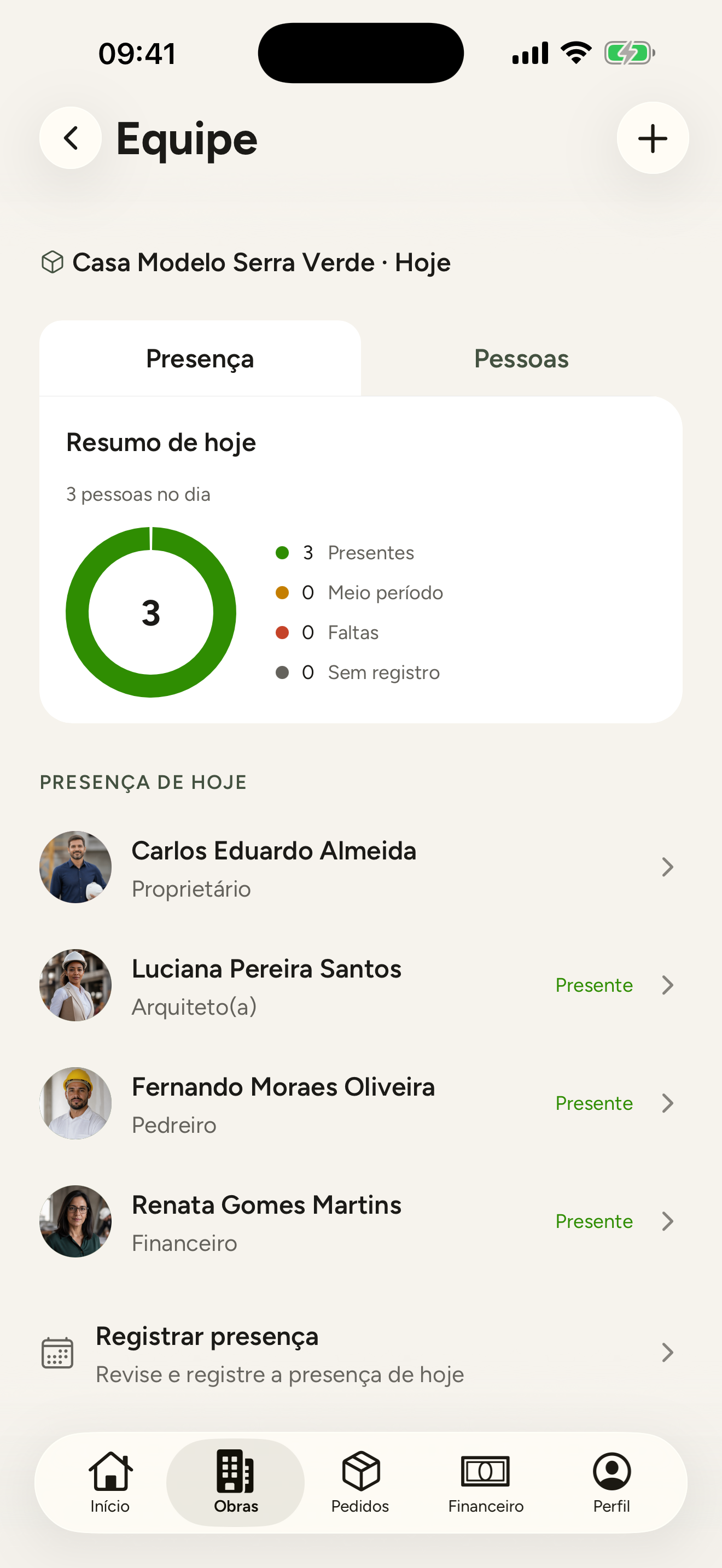 Tela de equipe com a taxa de presença por membro e a lista de participantes