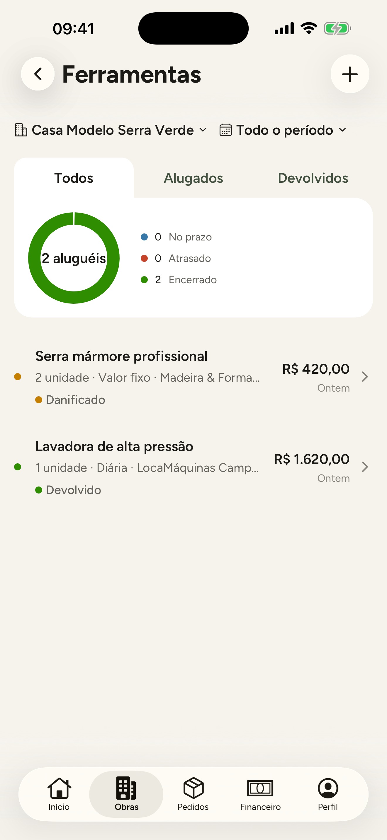 Tela de ferramentas alugadas com o custo total e os alertas de atraso