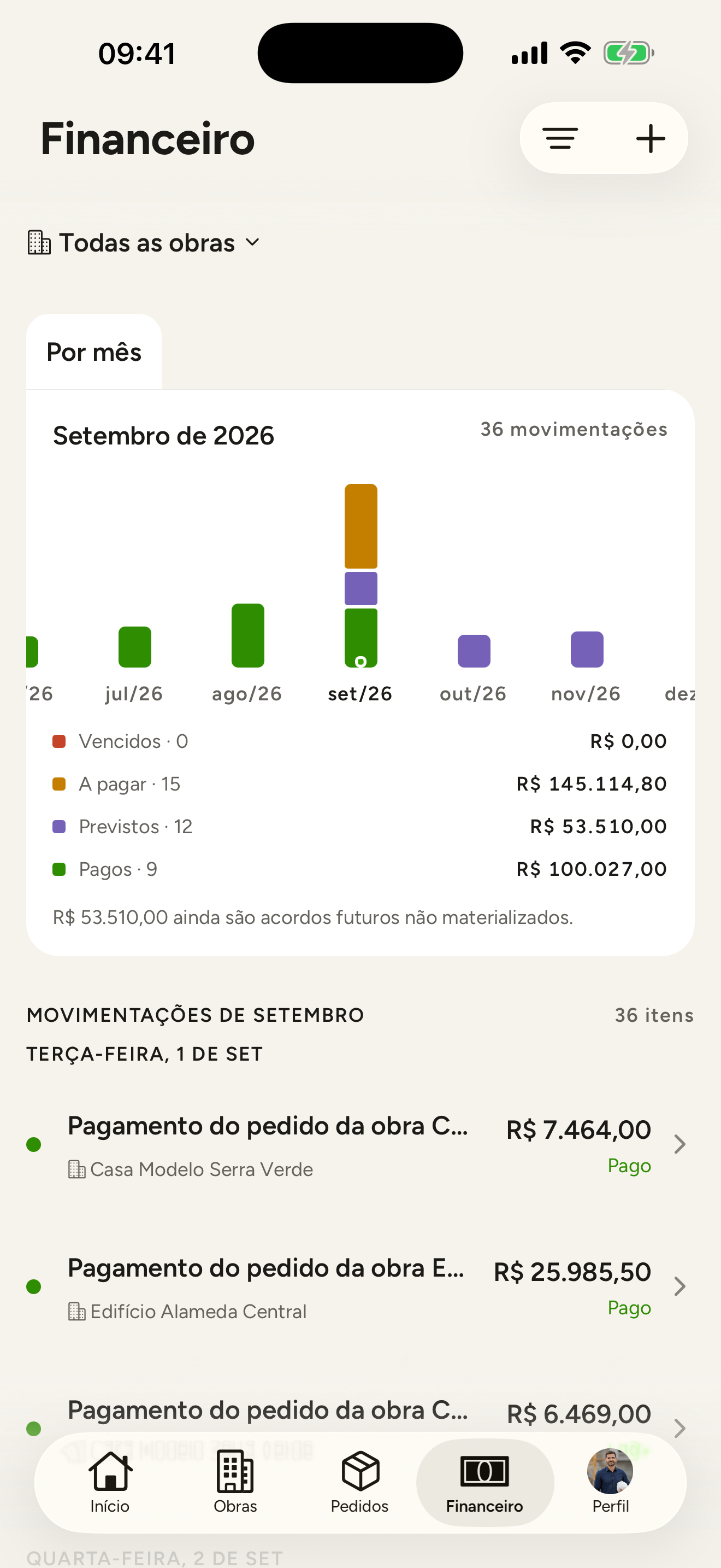 Financeiro com as movimentações e o resumo mensal das obras