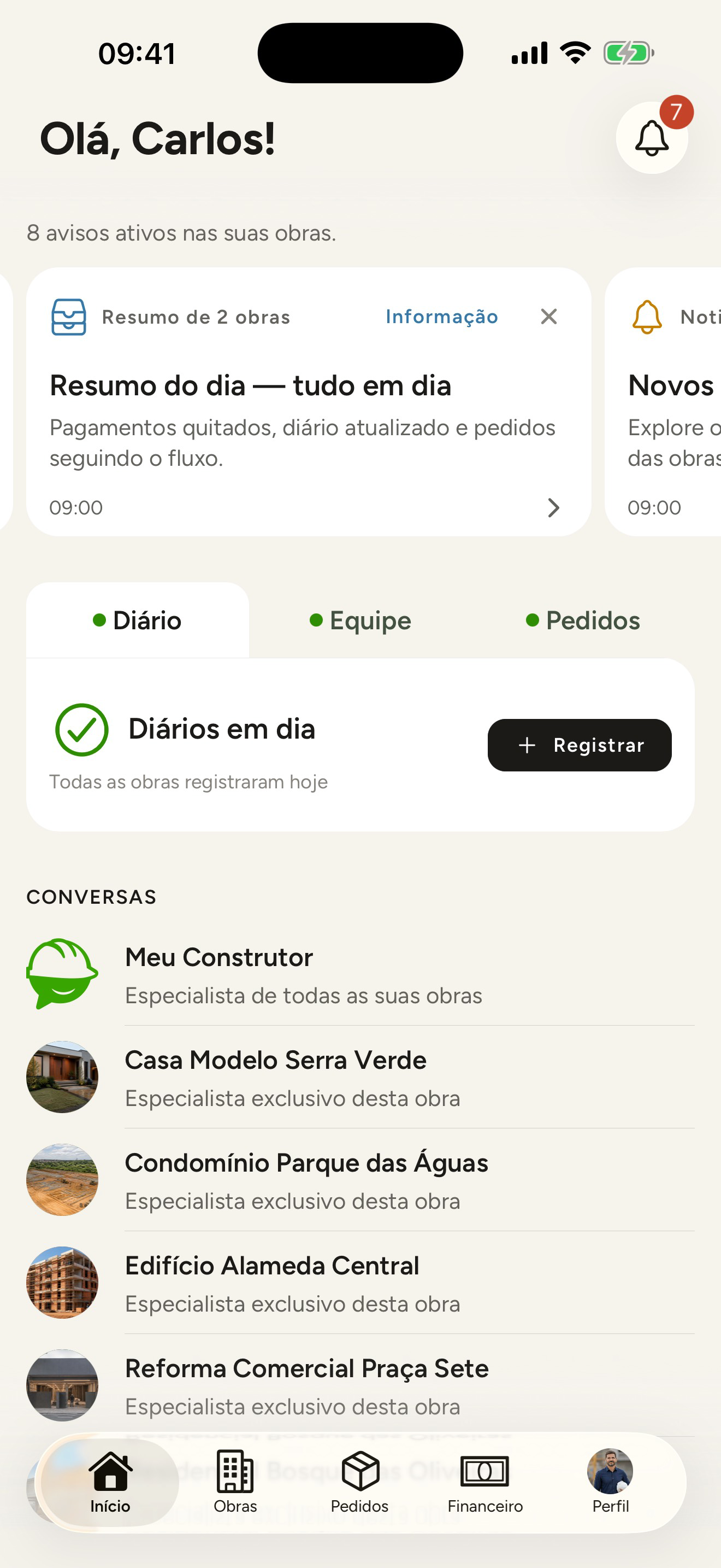 Tela inicial do Meu Construtor com o resumo da obra, avisos e conversas