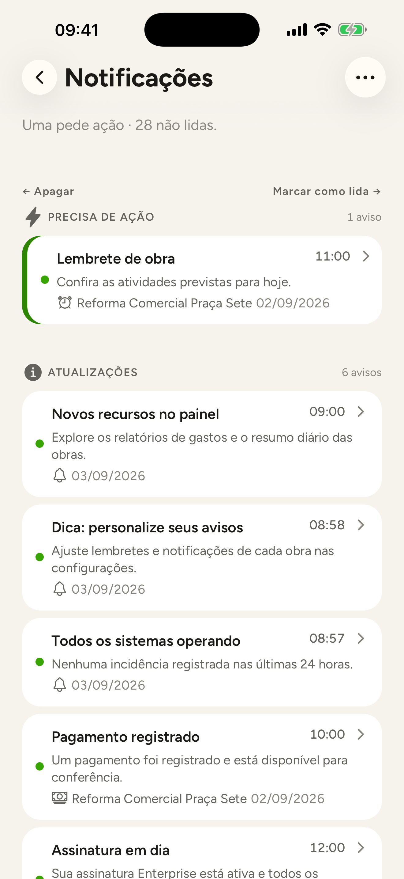 Caixa de notificações do Meu Construtor com avisos que pedem ação