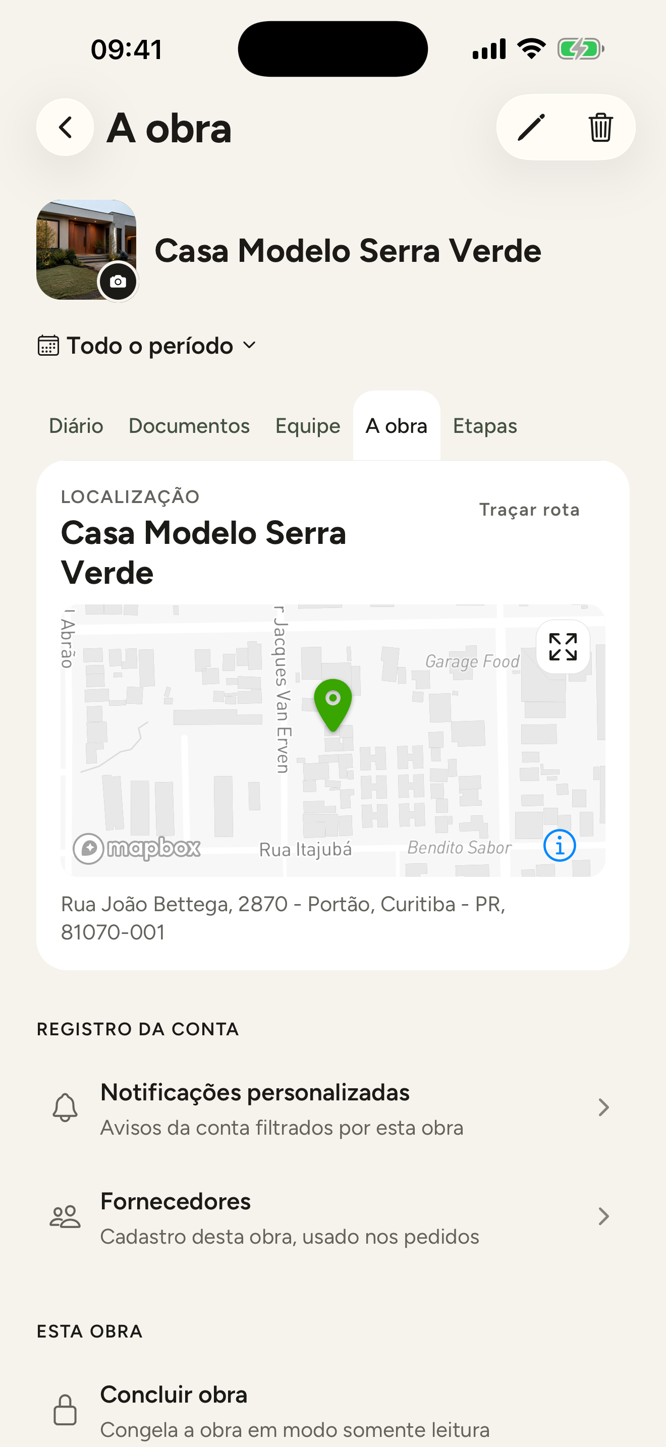 Painel do app Meu Construtor com orçamento, gastos e evolução da obra em tempo real