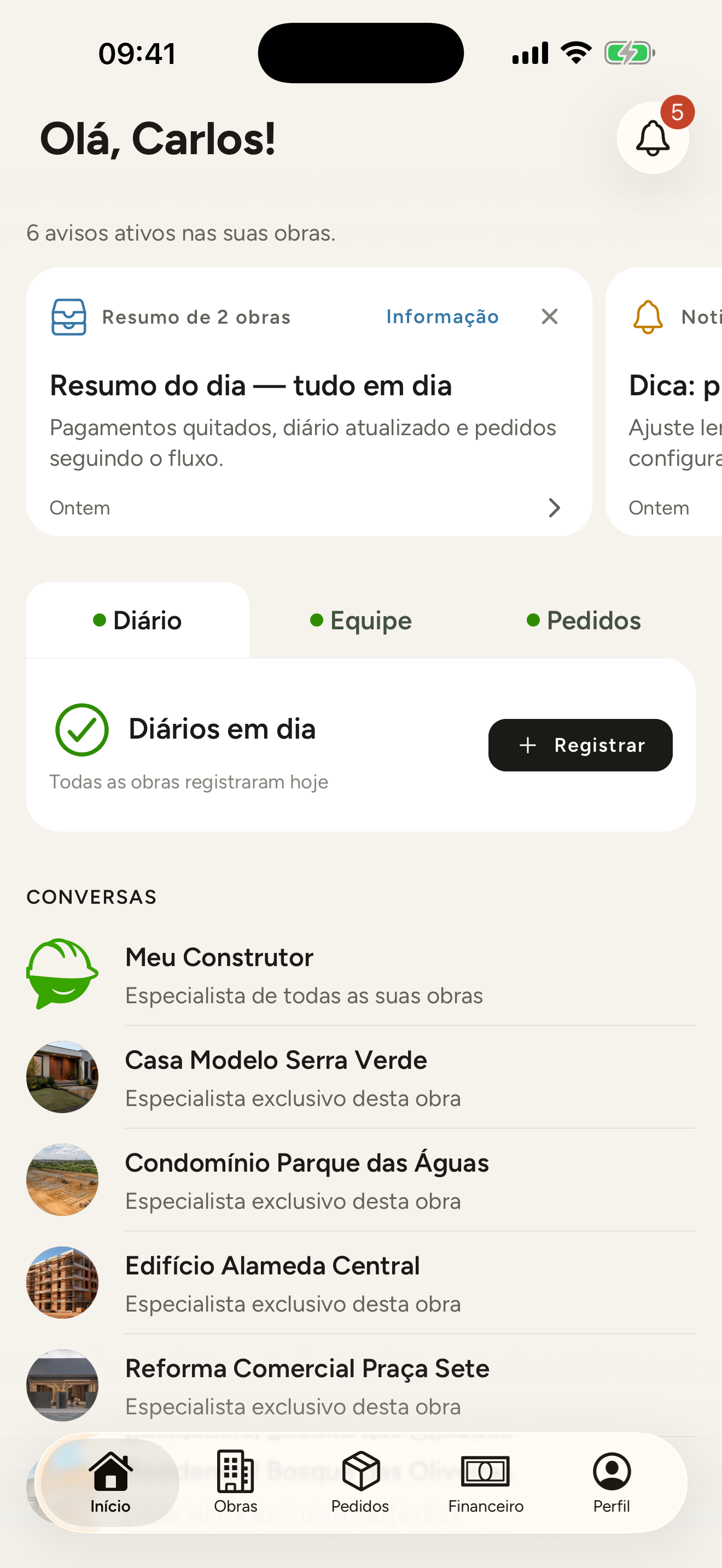 Tela inicial do Meu Construtor com o resumo das obras, pendências e conversas